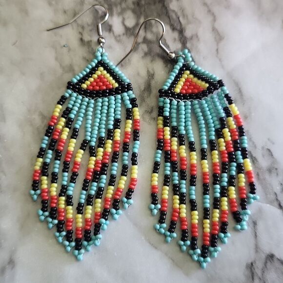 Native American-Style Beaded Tassel Fashion Earrings Blue Black Orange - Picture 1 of 10